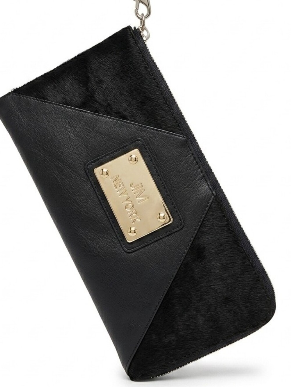 JM New York Black Mixed Media Leather & Pony Hair Zip-Around Wristlet Wallet
